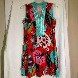 Spartina 449 red floral midi tunic dress with aqua trim